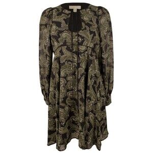 Michael Kors Women's Paisley Georgette Keyhole Neckline Dress OLV 4 Olive